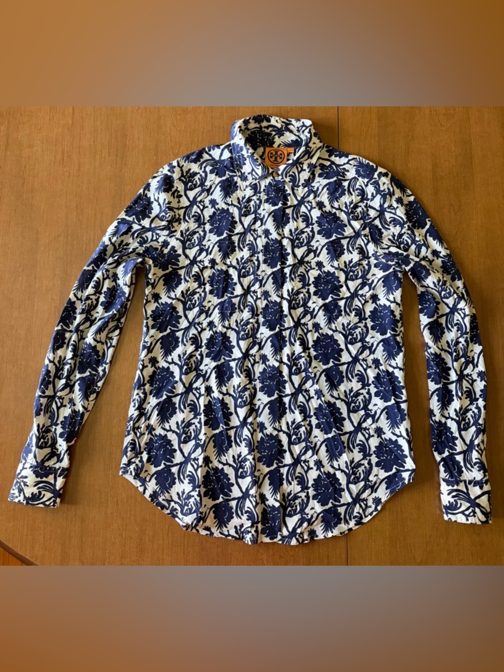 Tory Burch Navy and White Floral Print Button-Down Shirt